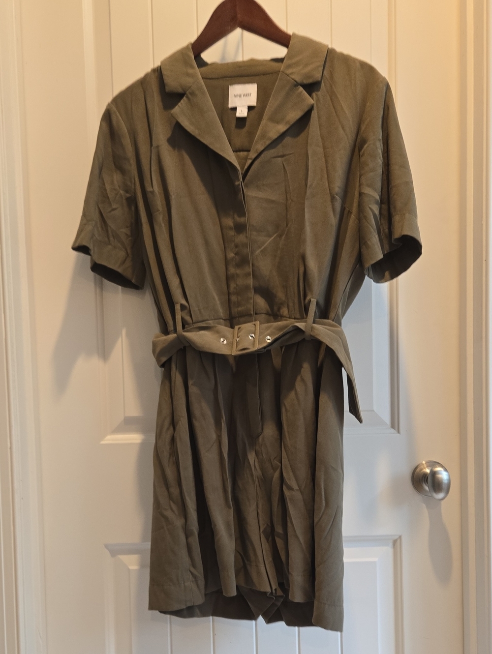 Nine West Olive Short-Sleeve Shirt Romper with Belt